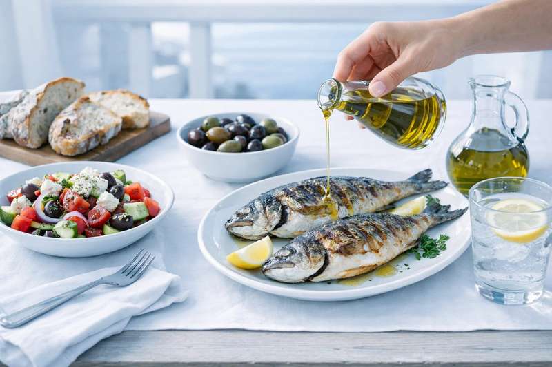 Αυθεντικό ελληνικό τραπέζι με ψάρι, σαλάτα και ελαιόλαδο σε φωτεινό περιβάλλον